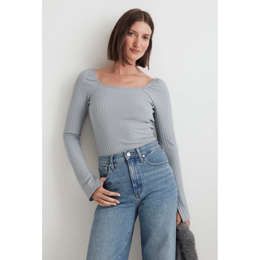 Madewell NWT Ribbed Square Neck Long Sleeve Top Blue Womens Small Coquette